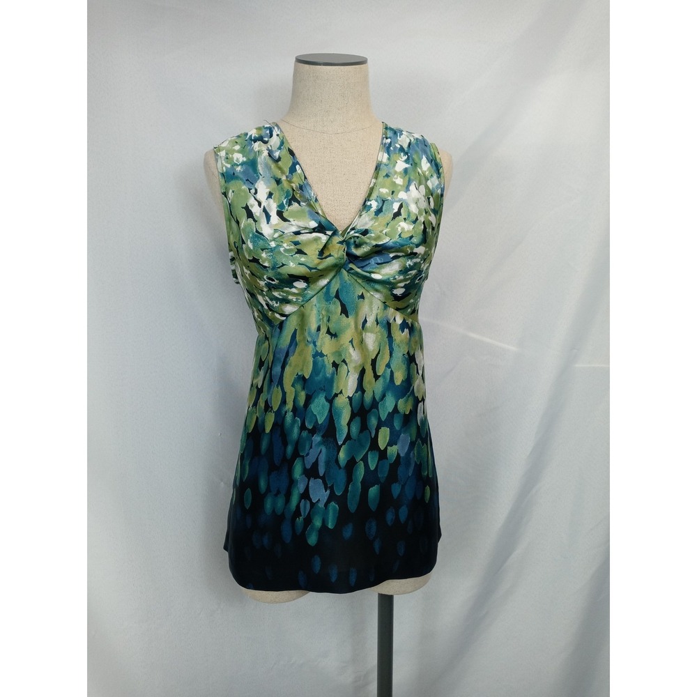 Axcess Top Blouse Womens Large Green Blue Abstract Sleeveless V-Neck Twisted Bus